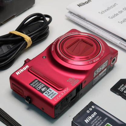 Nikon Coolpix S9100 12.1MP 18x Digital Camera Red, Case, SD Card – Very Good