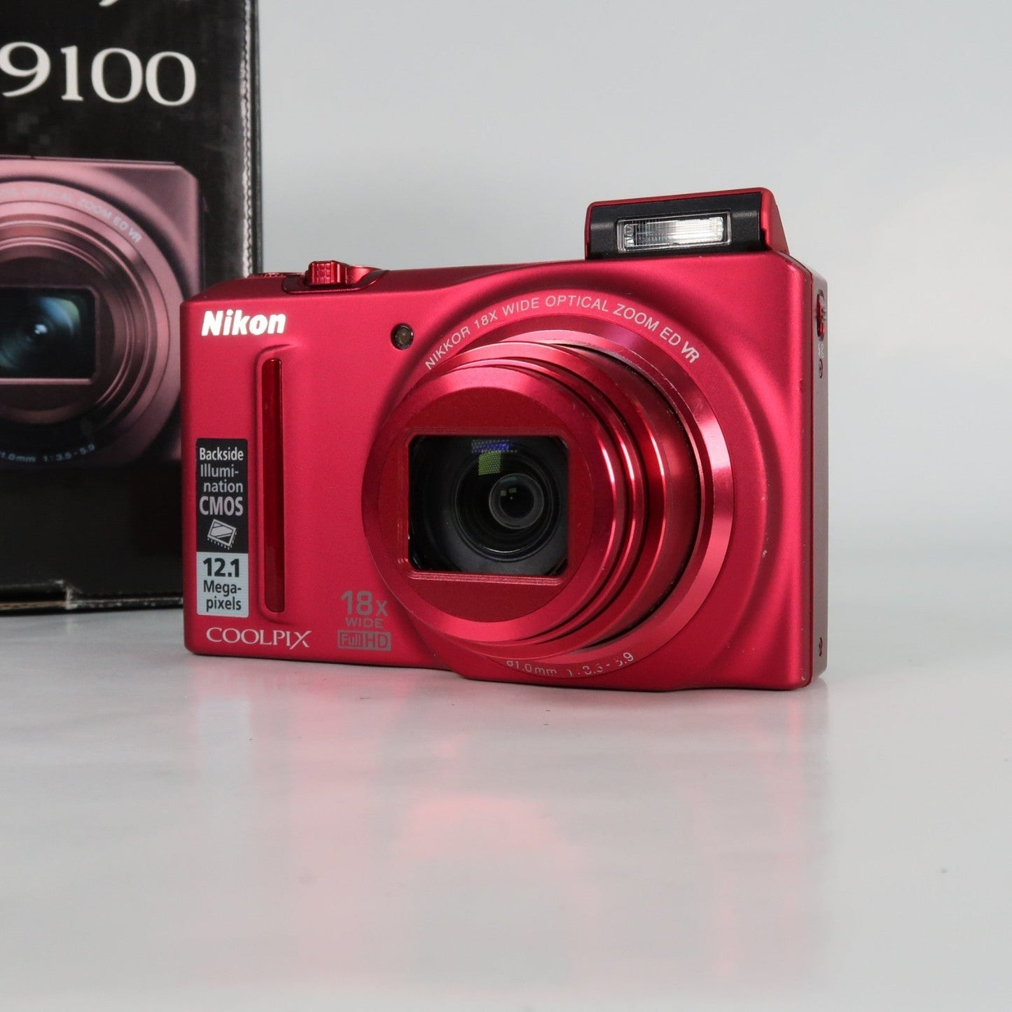 Nikon Coolpix S9100 12.1MP 18x Digital Camera Red, Case, SD Card – Very Good