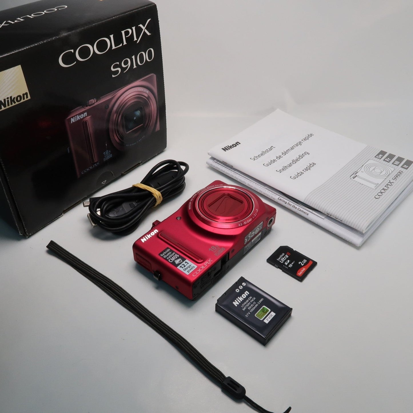 Nikon Coolpix S9100 12.1MP 18x Digital Camera Red, Case, SD Card – Very Good