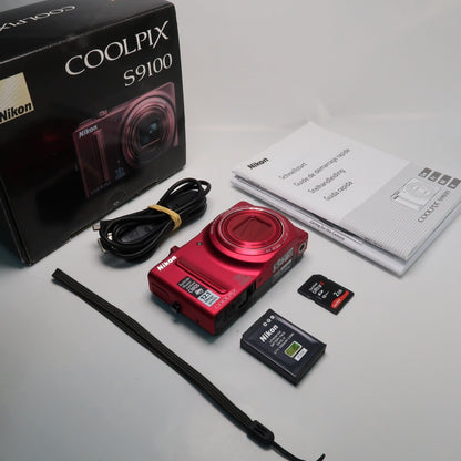 Nikon Coolpix S9100 12.1MP 18x Digital Camera Red, Case, SD Card – Very Good