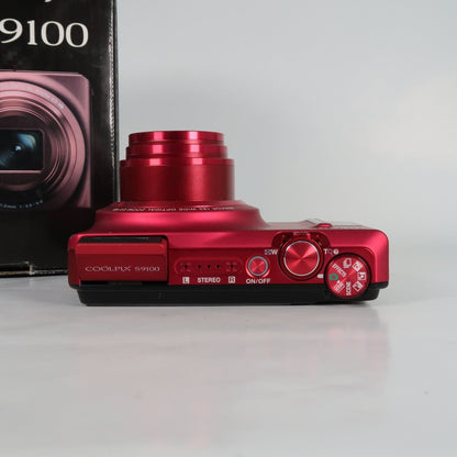 Nikon Coolpix S9100 12.1MP 18x Digital Camera Red, Case, SD Card – Very Good
