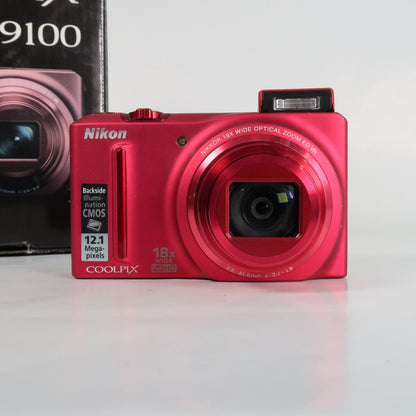 Nikon Coolpix S9100 12.1MP 18x Digital Camera Red, Case, SD Card – Very Good