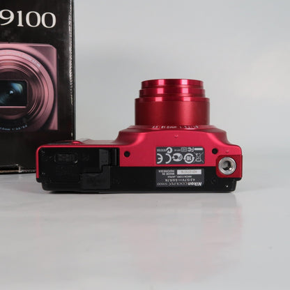 Nikon Coolpix S9100 12.1MP 18x Digital Camera Red, Case, SD Card – Very Good