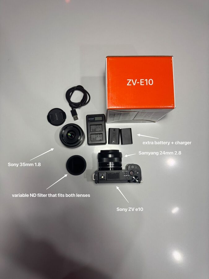 Sony ZV-e10 + Sony 35mm 1.8 + Samyang 24mm 2.8 + accessories